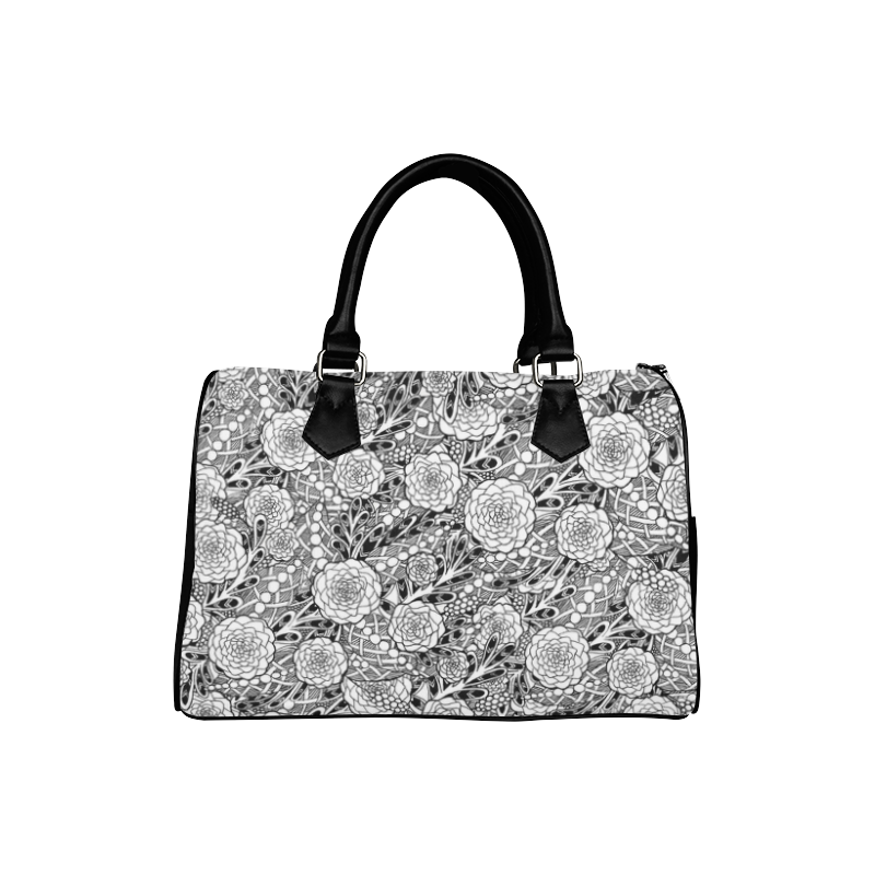 Black White Flowers Boston Handbag (Model 1621)