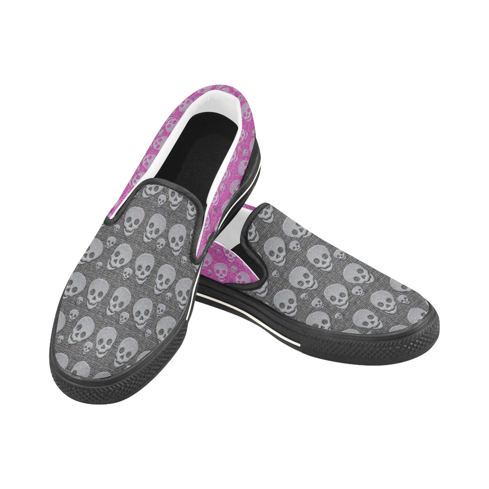 SKULLS BLACK AND PINK Slip-on Canvas Shoes for Kid (Model 019)