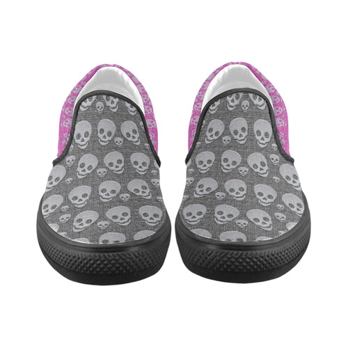 SKULLS BLACK AND PINK Slip-on Canvas Shoes for Kid (Model 019)