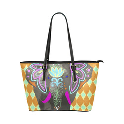Painted Indian Elephant Geometric Background Leather Tote Bag/Small (Model 1651)
