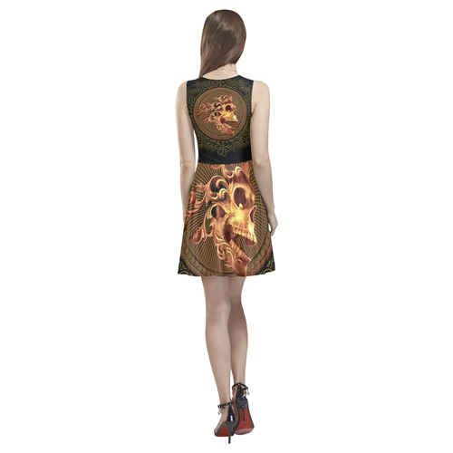 Amazing skull with floral elements Thea Sleeveless Skater Dress(Model D19)