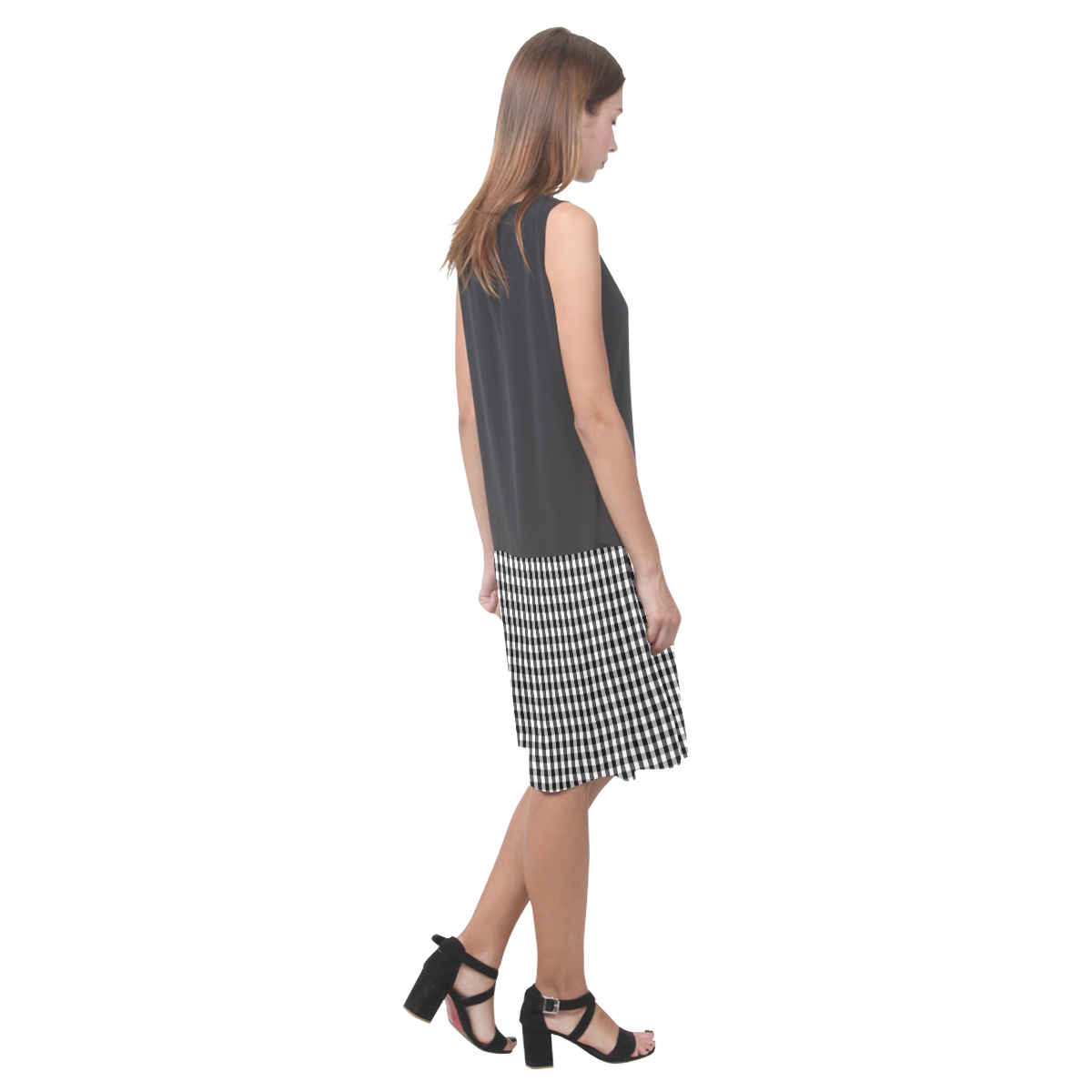 Large Black & White Gingham Check Sleeveless Splicing Shift Dress(Model D17)