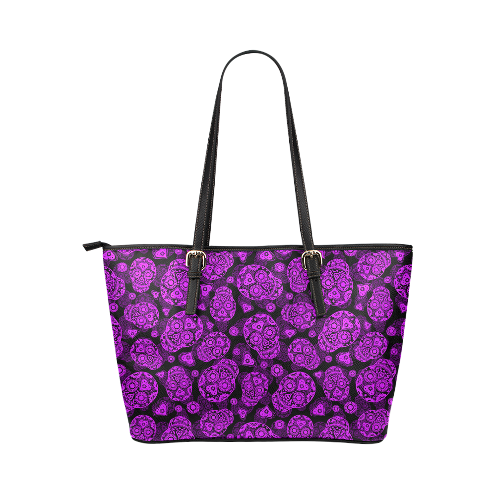 Sugar Skull Pattern - Purple Leather Tote Bag/Large (Model 1651)