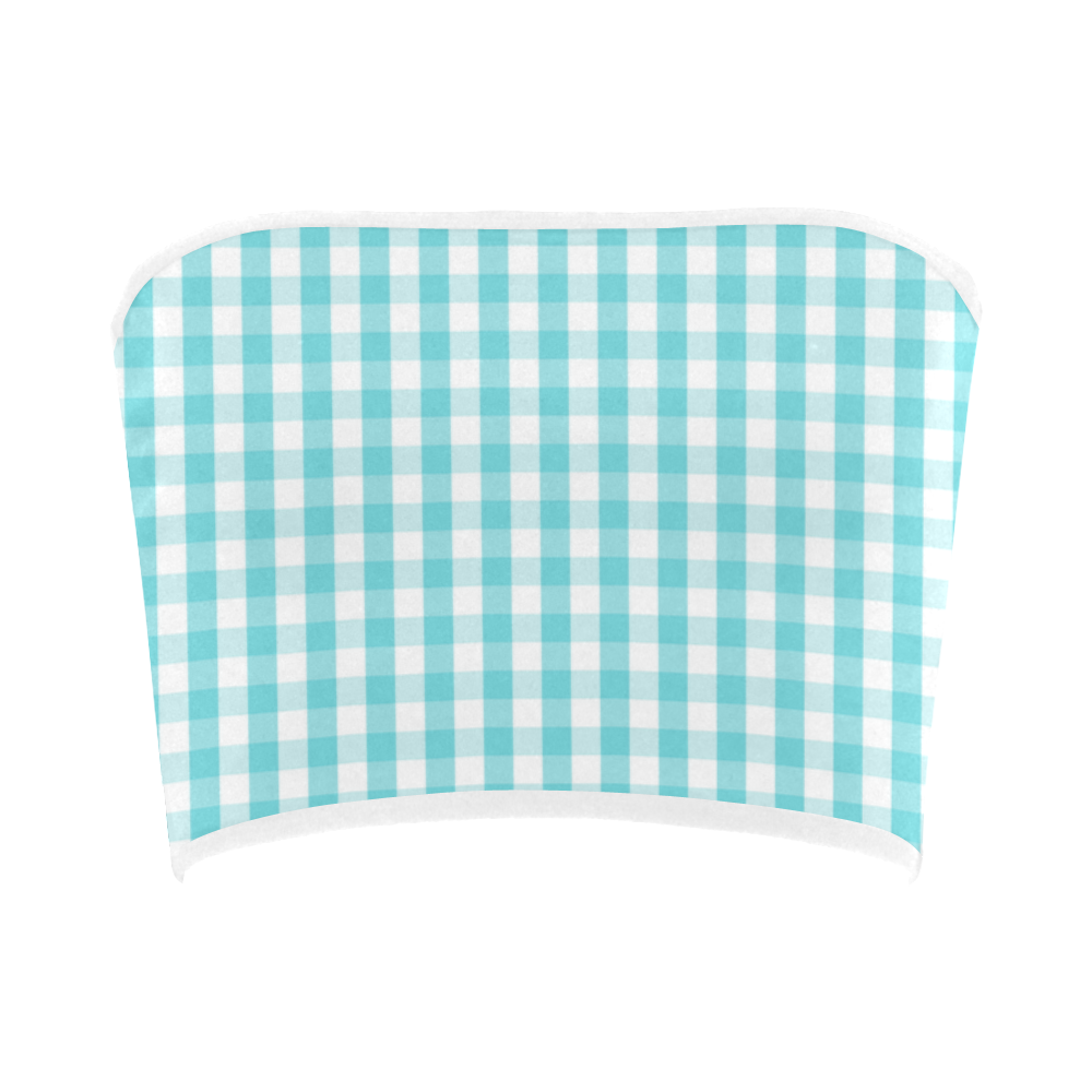 Large Aqua Blue Gingham Check Plaid With White Piping Bandeau Top