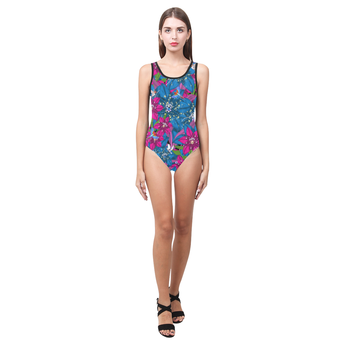 Floral is the new black - 2 Vest One Piece Swimsuit (Model S04)