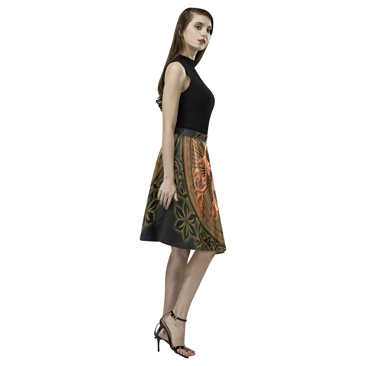 Amazing skull with floral elements Melete Pleated Midi Skirt (Model D15)