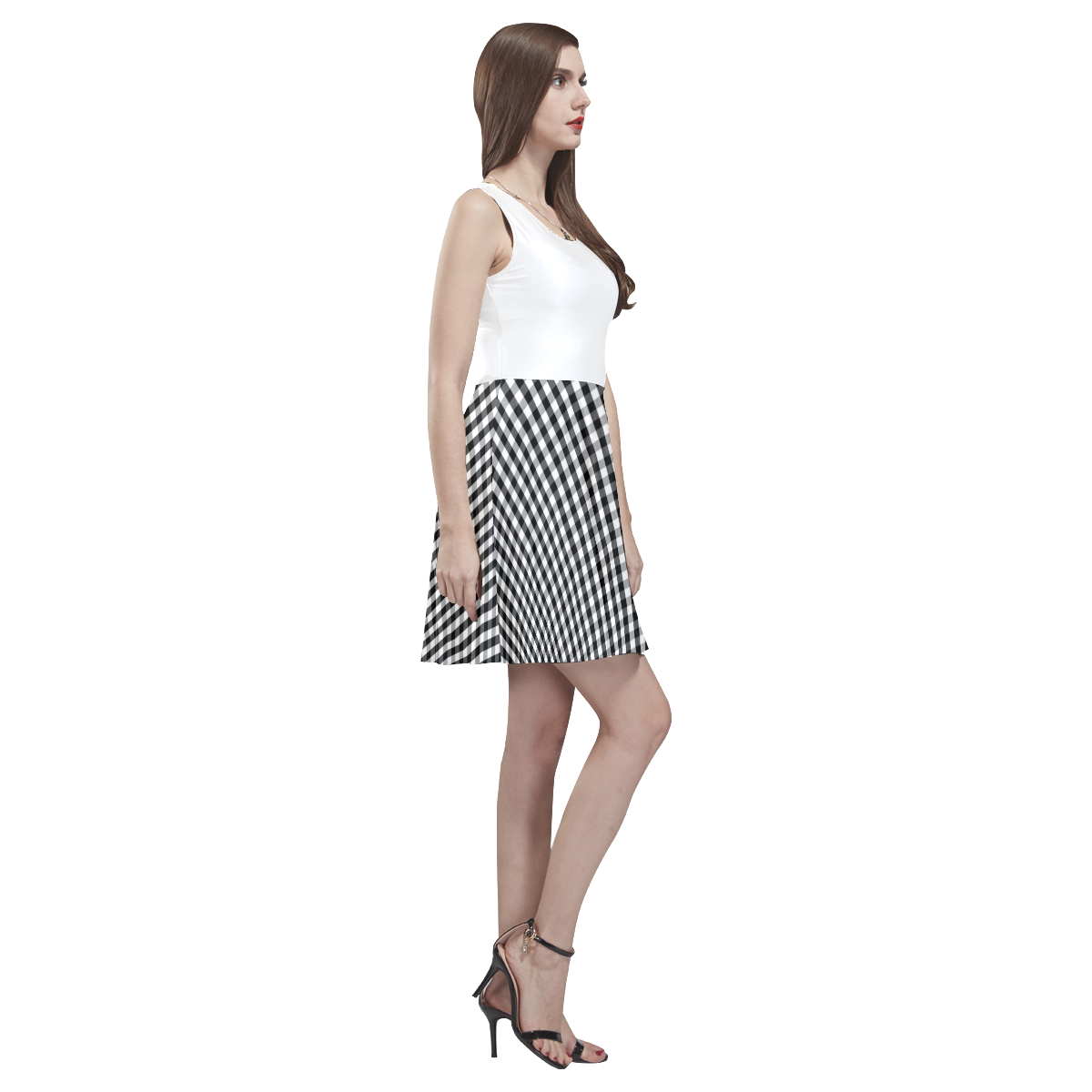 Large Black & White Gingham Check Thea Sleeveless Skater Dress(Model D19)