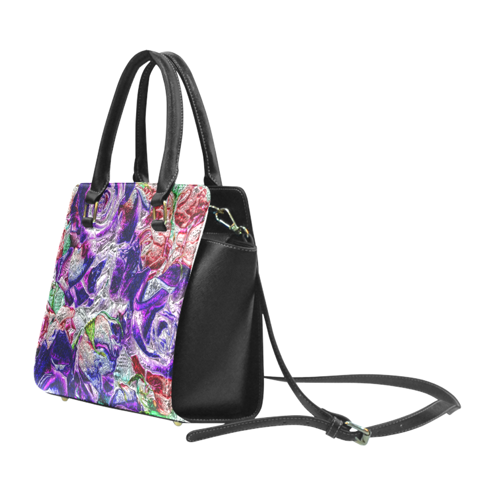 Floral glossy Chrome 01A by FeelGood Rivet Shoulder Handbag (Model 1645)
