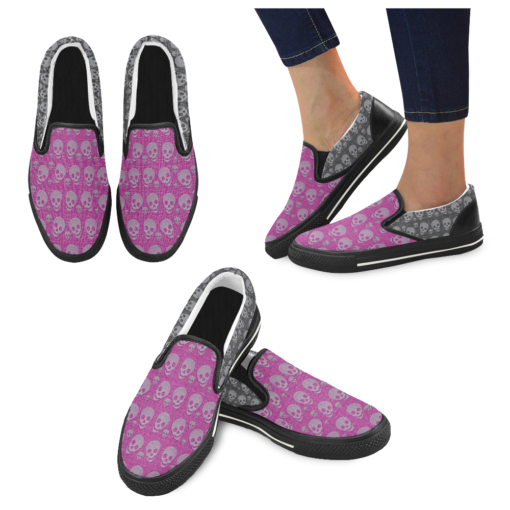 SKULLS PINK AND BLACK Slip-on Canvas Shoes for Kid (Model 019)