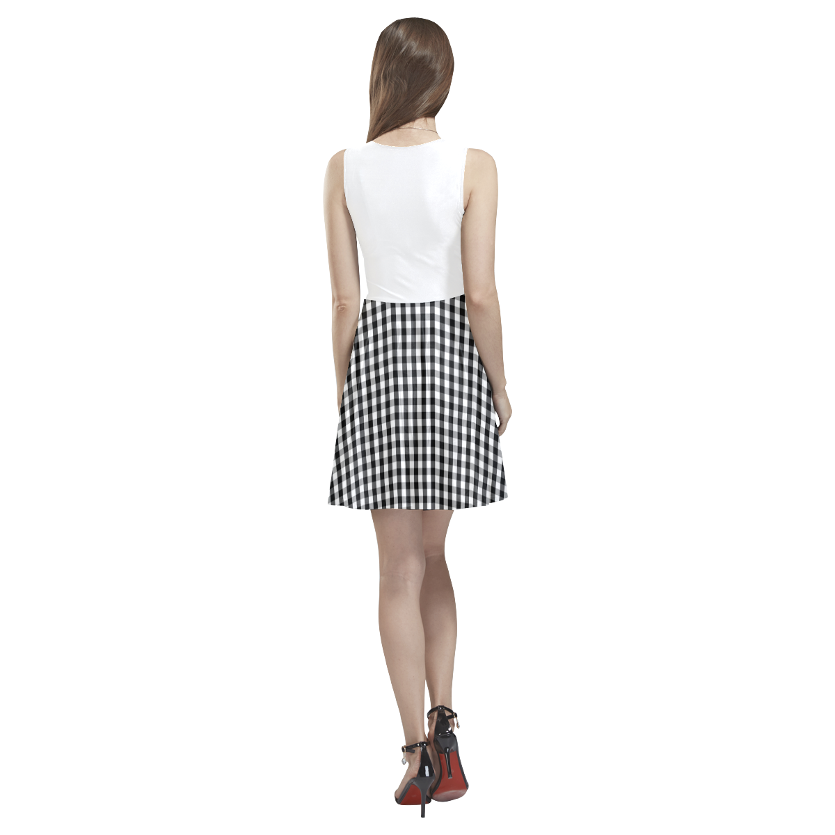 Large Black & White Gingham Check Thea Sleeveless Skater Dress(Model D19)