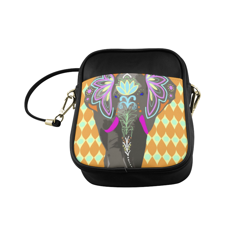 Painted Indian Elephant Geometric Background Sling Bag (Model 1627)