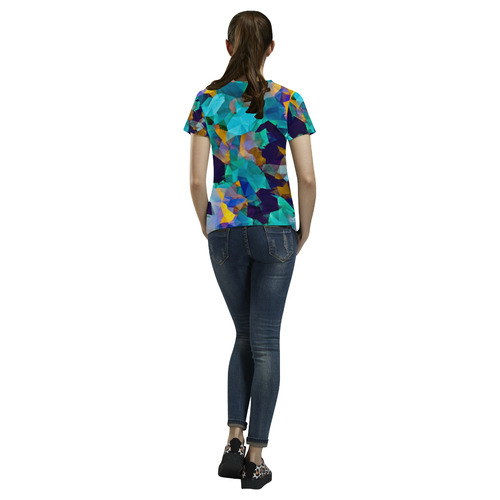 psychedelic geometric polygon abstract pattern in green blue brown yellow All Over Print T-Shirt for Women (USA Size) (Model T40)