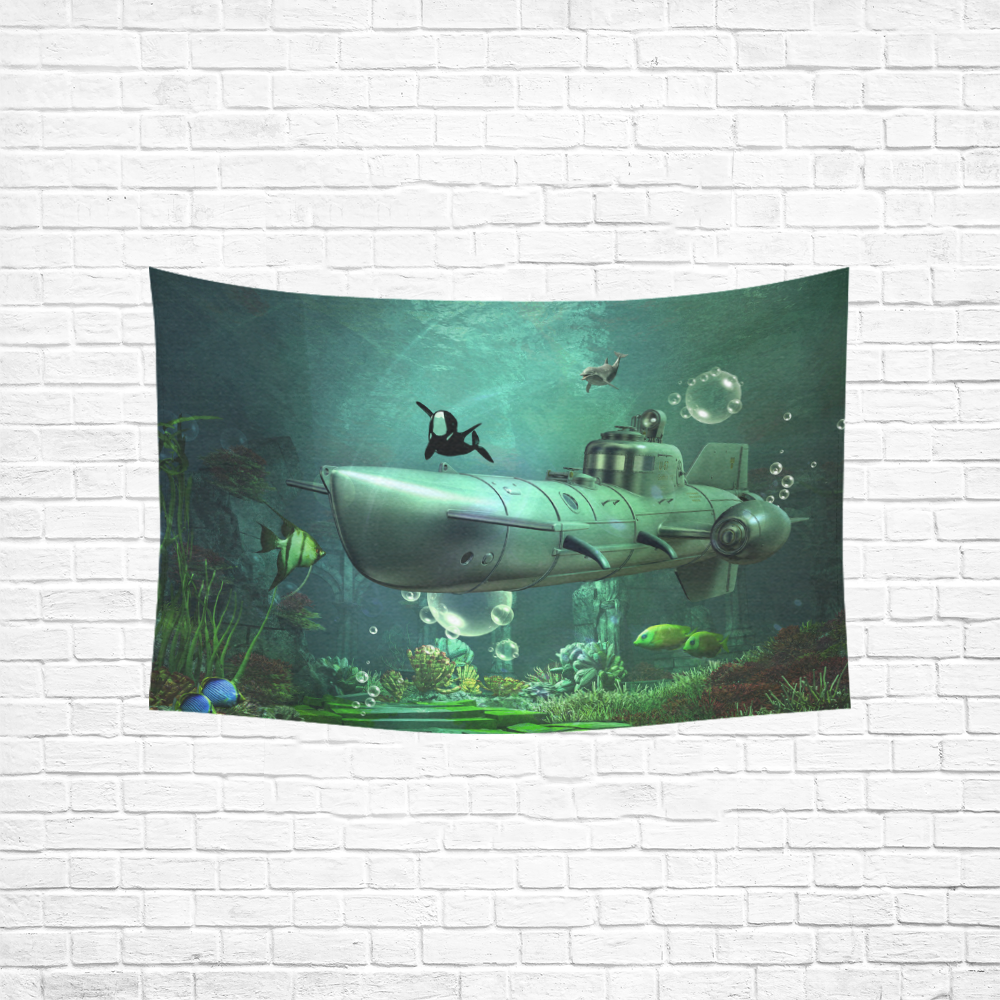 Awesome submarine with orca Cotton Linen Wall Tapestry 60"x 40"