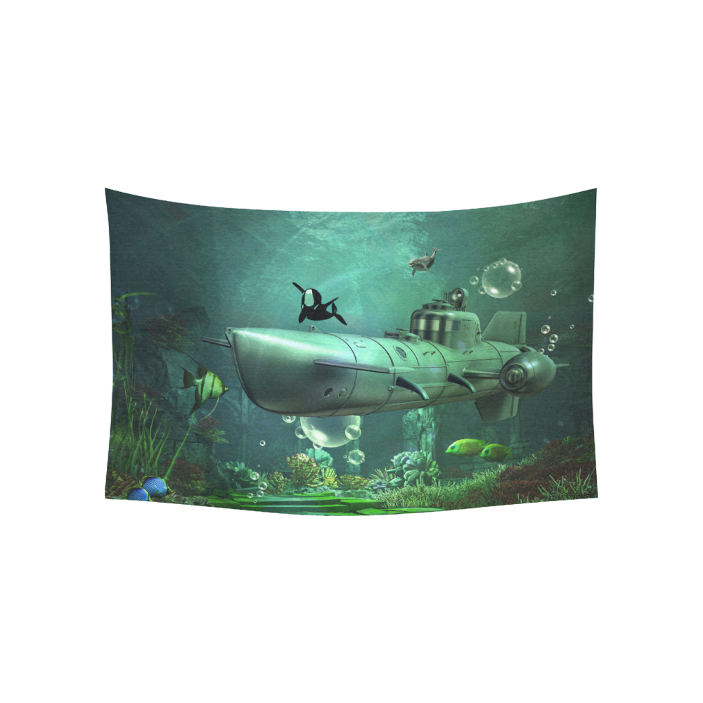 Awesome submarine with orca Cotton Linen Wall Tapestry 60"x 40"