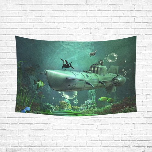 Awesome submarine with orca Cotton Linen Wall Tapestry 90"x 60"