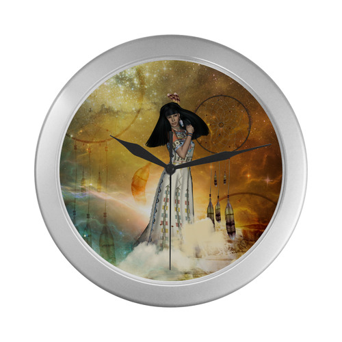 Wonderful indian with dreamcatcher Silver Color Wall Clock