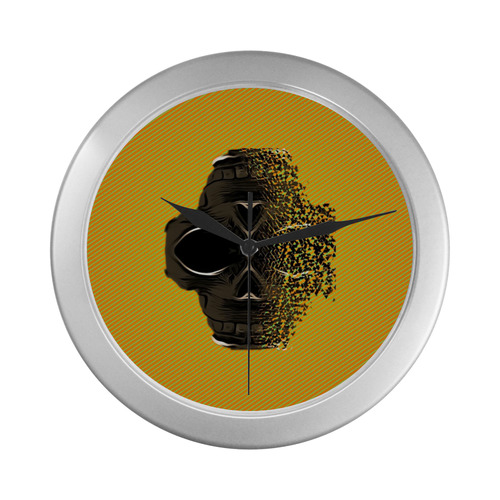 fractal black skull portrait with orange abstract background Silver Color Wall Clock
