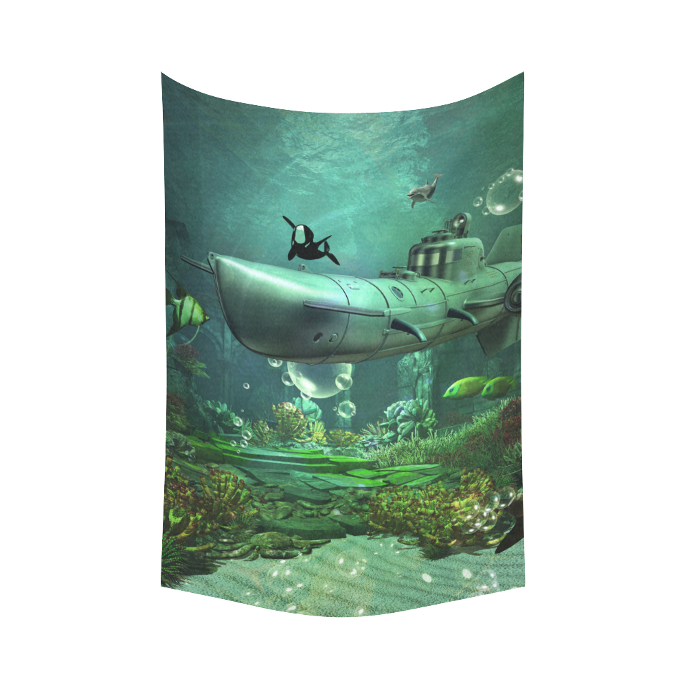 Awesome submarine with orca Cotton Linen Wall Tapestry 60"x 90"