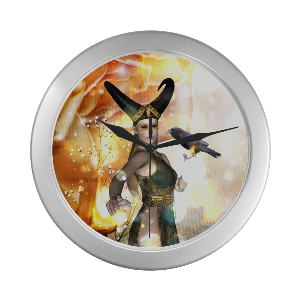 Awesome fantasy girl with crow Silver Color Wall Clock