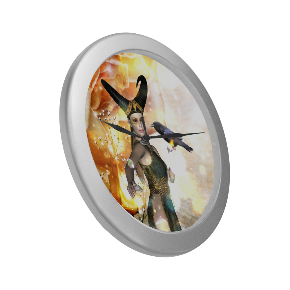 Awesome fantasy girl with crow Silver Color Wall Clock
