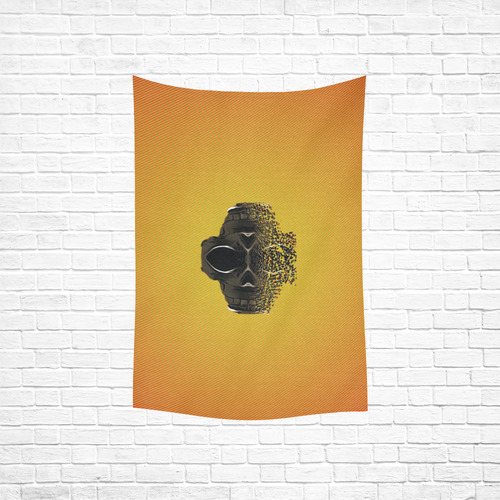 fractal black skull portrait with orange abstract background Cotton Linen Wall Tapestry 40"x 60"