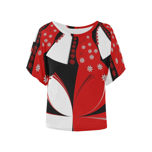 Quillt Flower Red White Women's Batwing-Sleeved Blouse T shirt (Model T44)