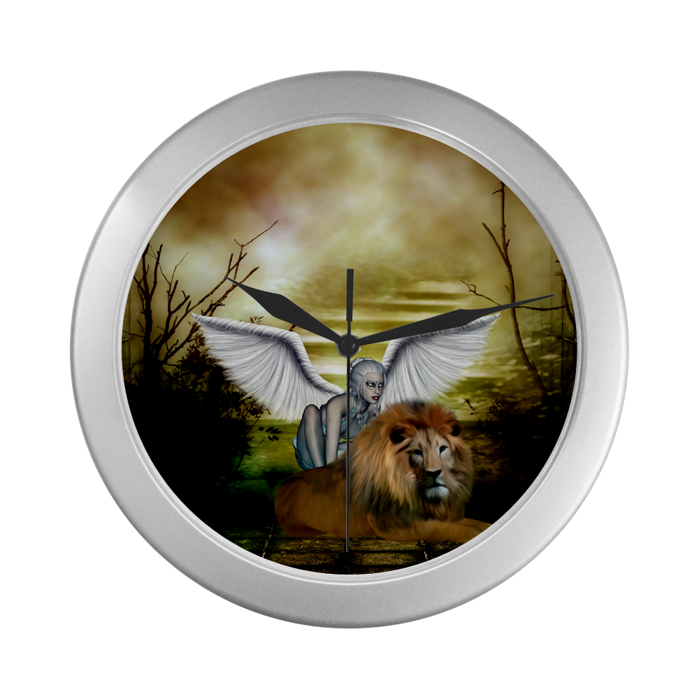 Fairy with lion Silver Color Wall Clock