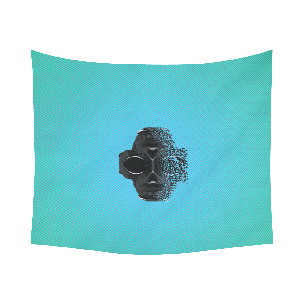 fractal black skull portrait with blue abstract background Cotton Linen Wall Tapestry 60"x 51"