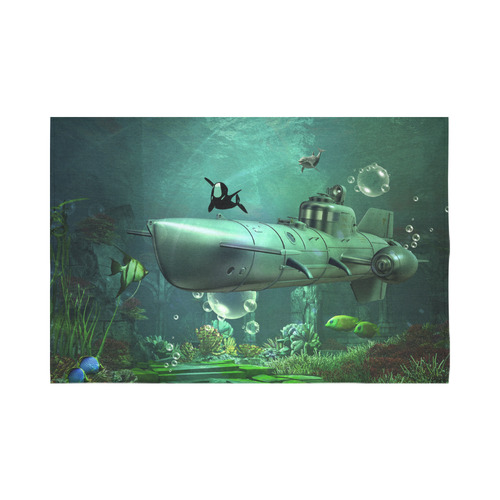 Awesome submarine with orca Cotton Linen Wall Tapestry 90"x 60"