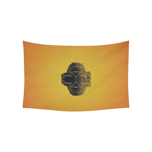 fractal black skull portrait with orange abstract background Cotton Linen Wall Tapestry 60"x 40"