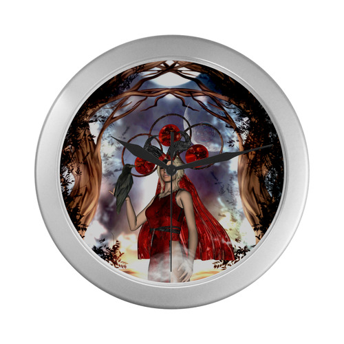 The dark fairy with crow Silver Color Wall Clock