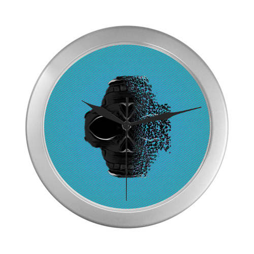 fractal black skull portrait with blue abstract background Silver Color Wall Clock