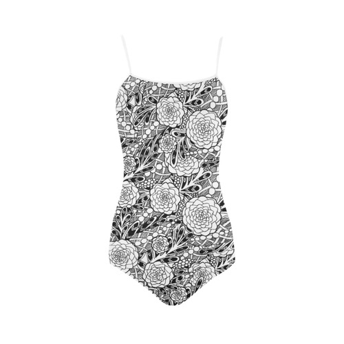 Black White Flowers Strap Swimsuit ( Model S05)