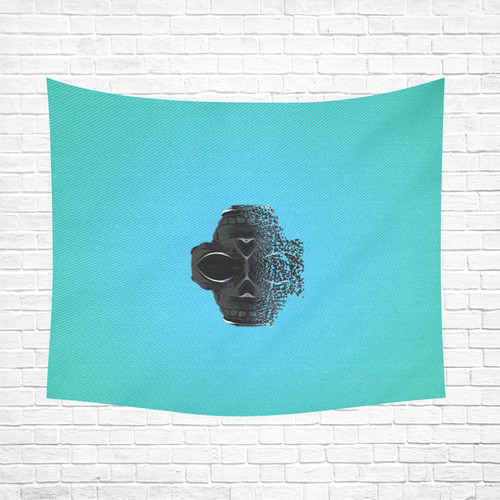 fractal black skull portrait with blue abstract background Cotton Linen Wall Tapestry 60"x 51"