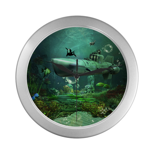 Awesome submarine with orca Silver Color Wall Clock
