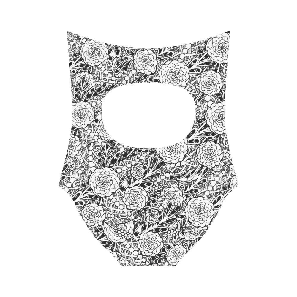 Black White Flowers Strap Swimsuit ( Model S05)