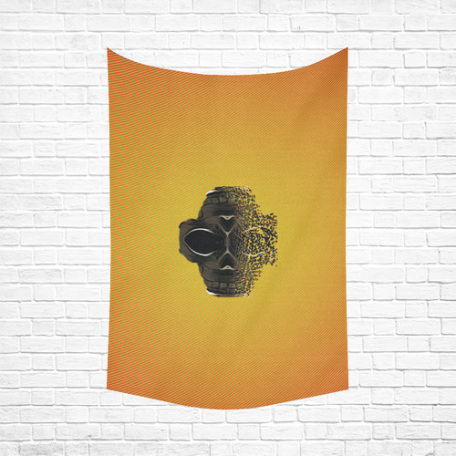 fractal black skull portrait with orange abstract background Cotton Linen Wall Tapestry 60"x 90"