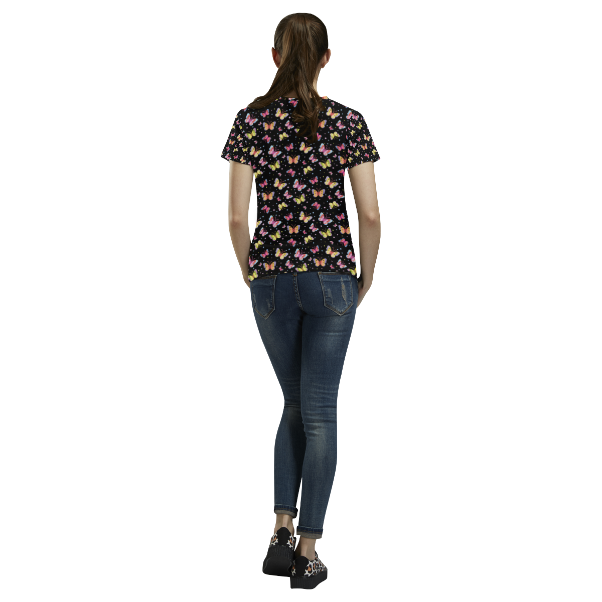 Watercolor Butterflies Black Edition All Over Print T-Shirt for Women (USA Size) (Model T40)