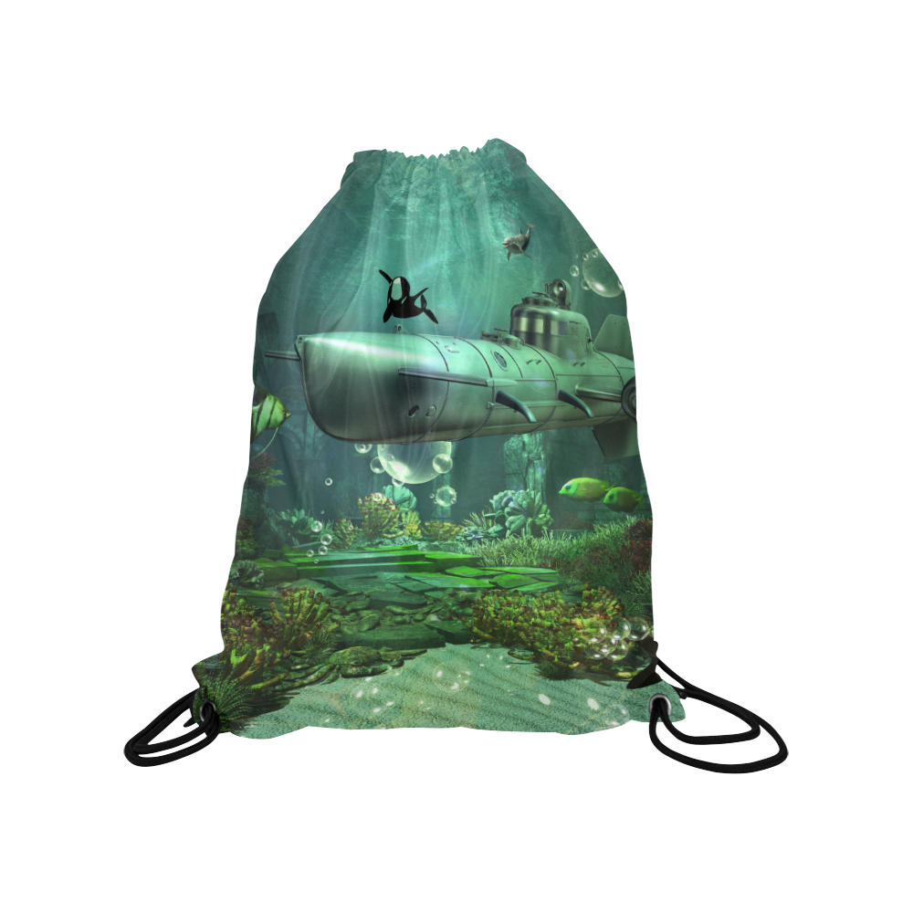 Awesome submarine with orca Medium Drawstring Bag Model 1604 (Twin Sides) 13.8"(W) * 18.1"(H)