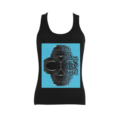fractal black skull portrait with blue abstract background Women's Shoulder-Free Tank Top (Model T35)