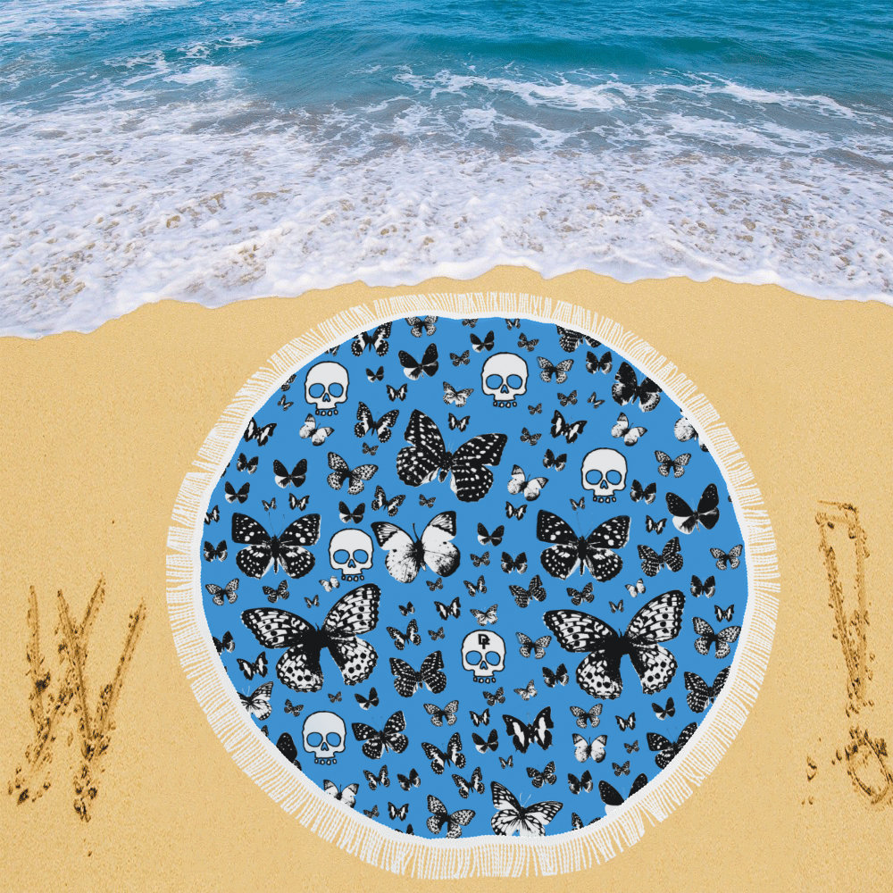 Skulls & Butterflies on Blue Circular Beach Shawl 59"x 59"