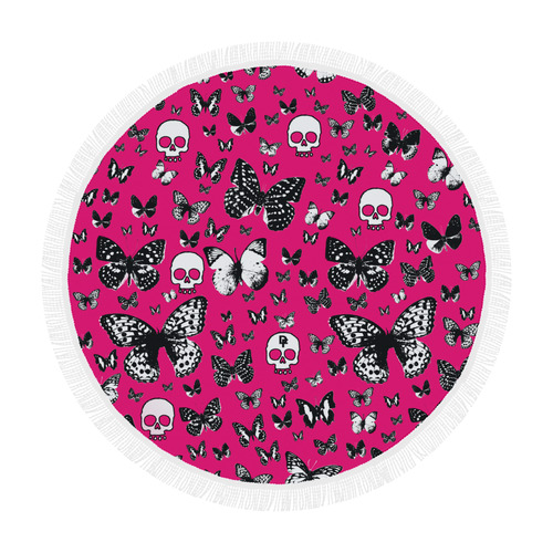 Skulls & Butterflies on Pink Circular Beach Shawl 59"x 59"