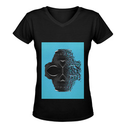 fractal black skull portrait with blue abstract background Women's Deep V-neck T-shirt (Model T19)