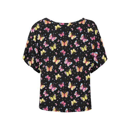 Watercolor Butterflies Black Edition Women's Batwing-Sleeved Blouse T shirt (Model T44)