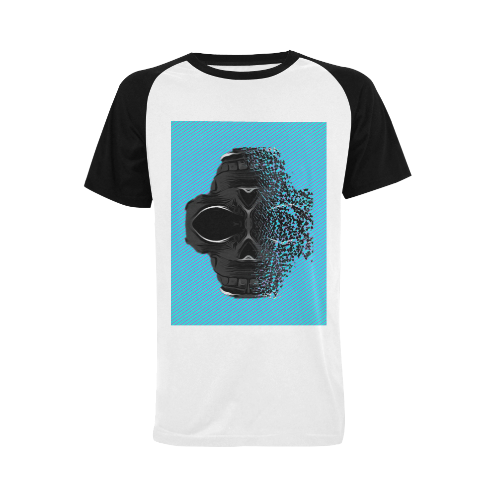 fractal black skull portrait with blue abstract background Men's Raglan T-shirt (USA Size) (Model T11)
