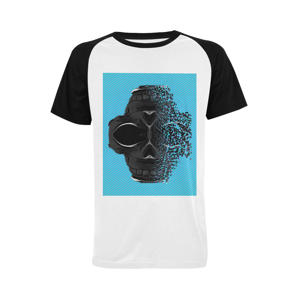 fractal black skull portrait with blue abstract background Men's Raglan T-shirt Big Size (USA Size) (Model T11)