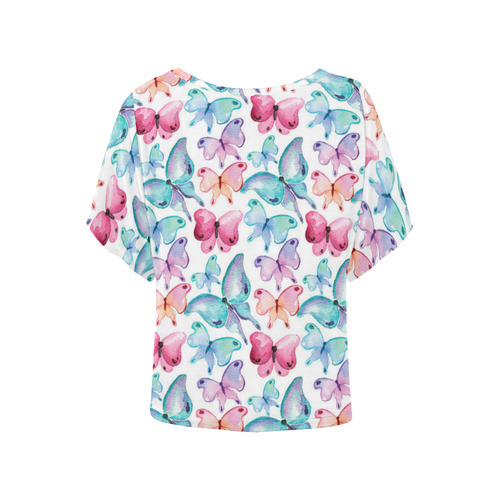 Watercolor Colorful Butterflies Women's Batwing-Sleeved Blouse T shirt (Model T44)
