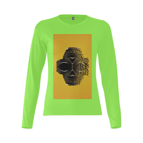 fractal black skull portrait with orange abstract background Sunny Women's T-shirt (long-sleeve) (Model T07)