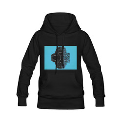 fractal black skull portrait with blue abstract background Women's Classic Hoodies (Model H07)
