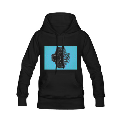 fractal black skull portrait with blue abstract background Men's Classic Hoodie (Remake) (Model H10)